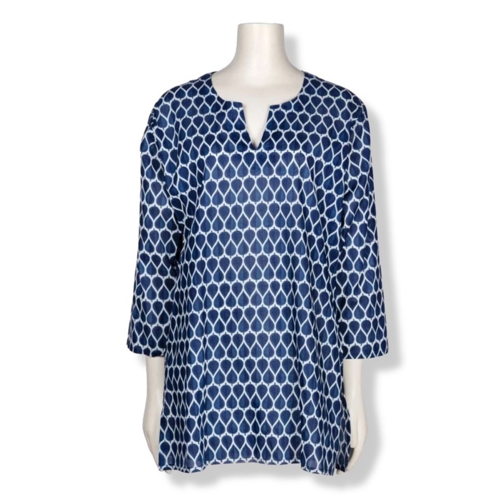 Tunic Blue and White Botanical Top 100% Cotton Size Large Beachy Coastal Summer
